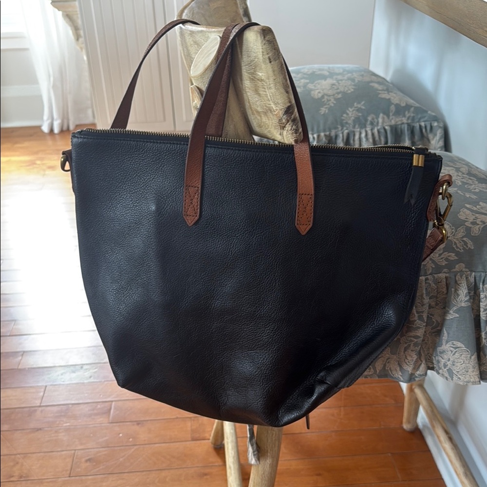 MADEWELL Black Leather large transport Tote Bag with Brown Handles